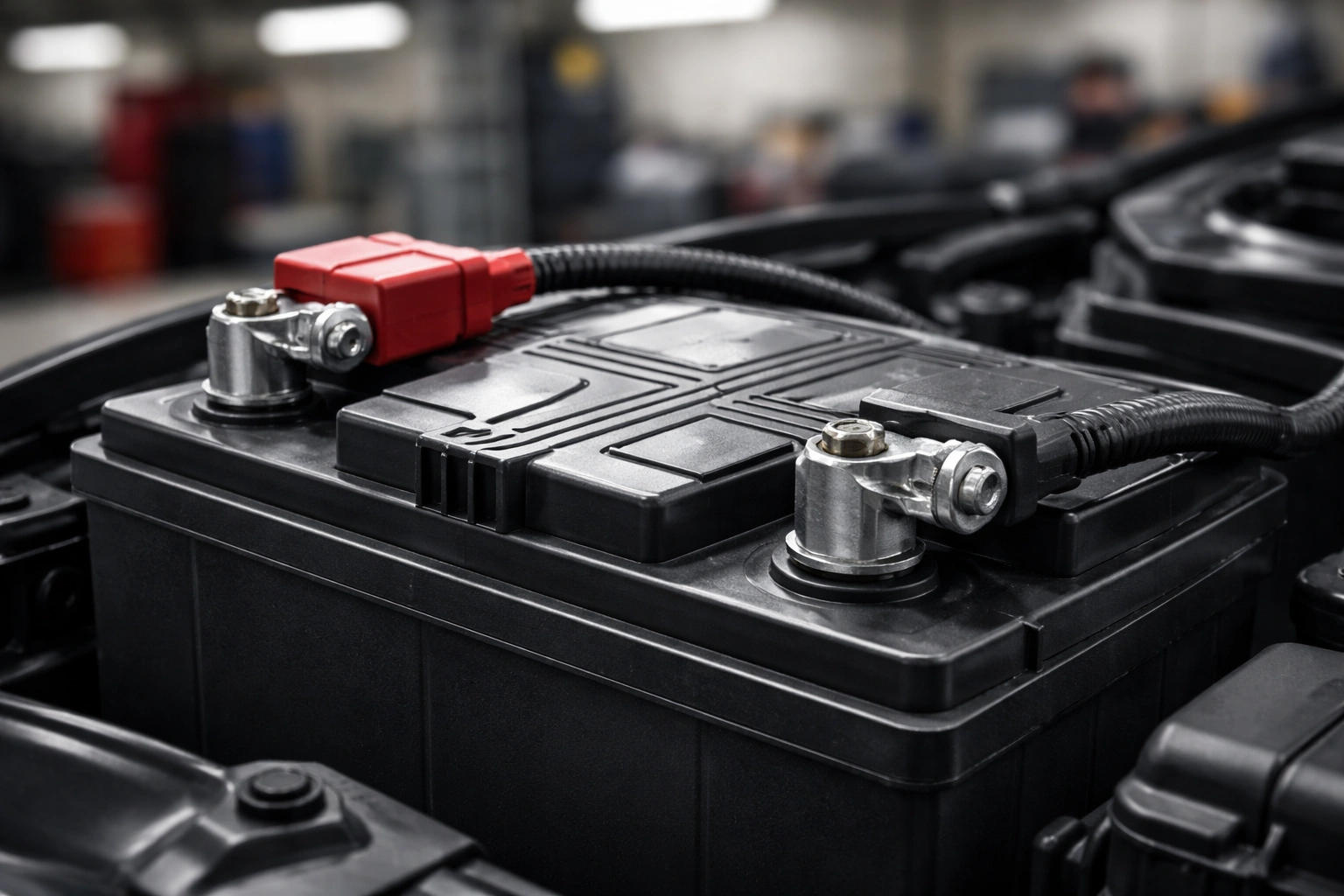 Detailaufnahme einer Autobatterie mit Anschlüssen und Gehäuse als Symbolbild für Starterbatterien